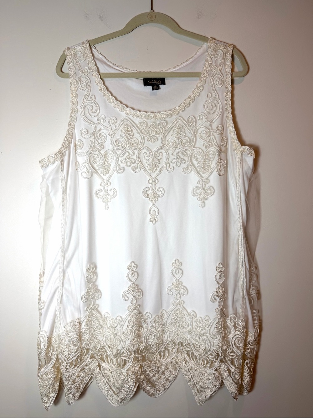 Cal Style USA Embroidered Lace Tunic Tank/Mini Dress Scalloped White Ivory XL